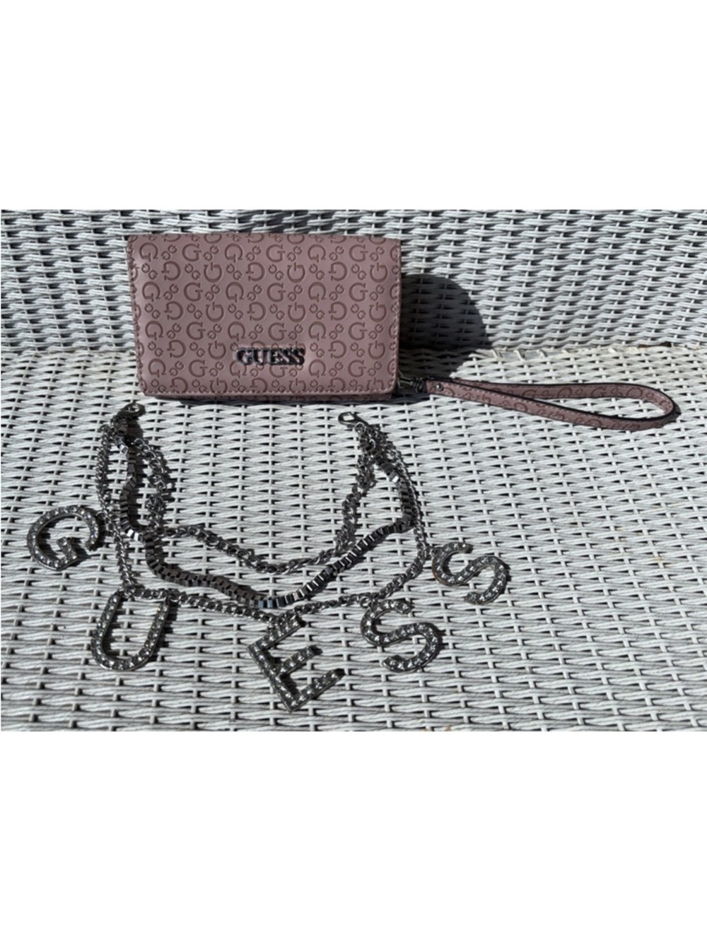 Guess Signature Wristlet Wallet in tan